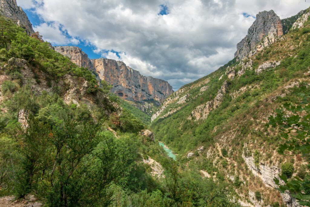 Capture of the breathtaking Verdon Gorge with lush greenery and dramatic cliffs in Provence, France.
